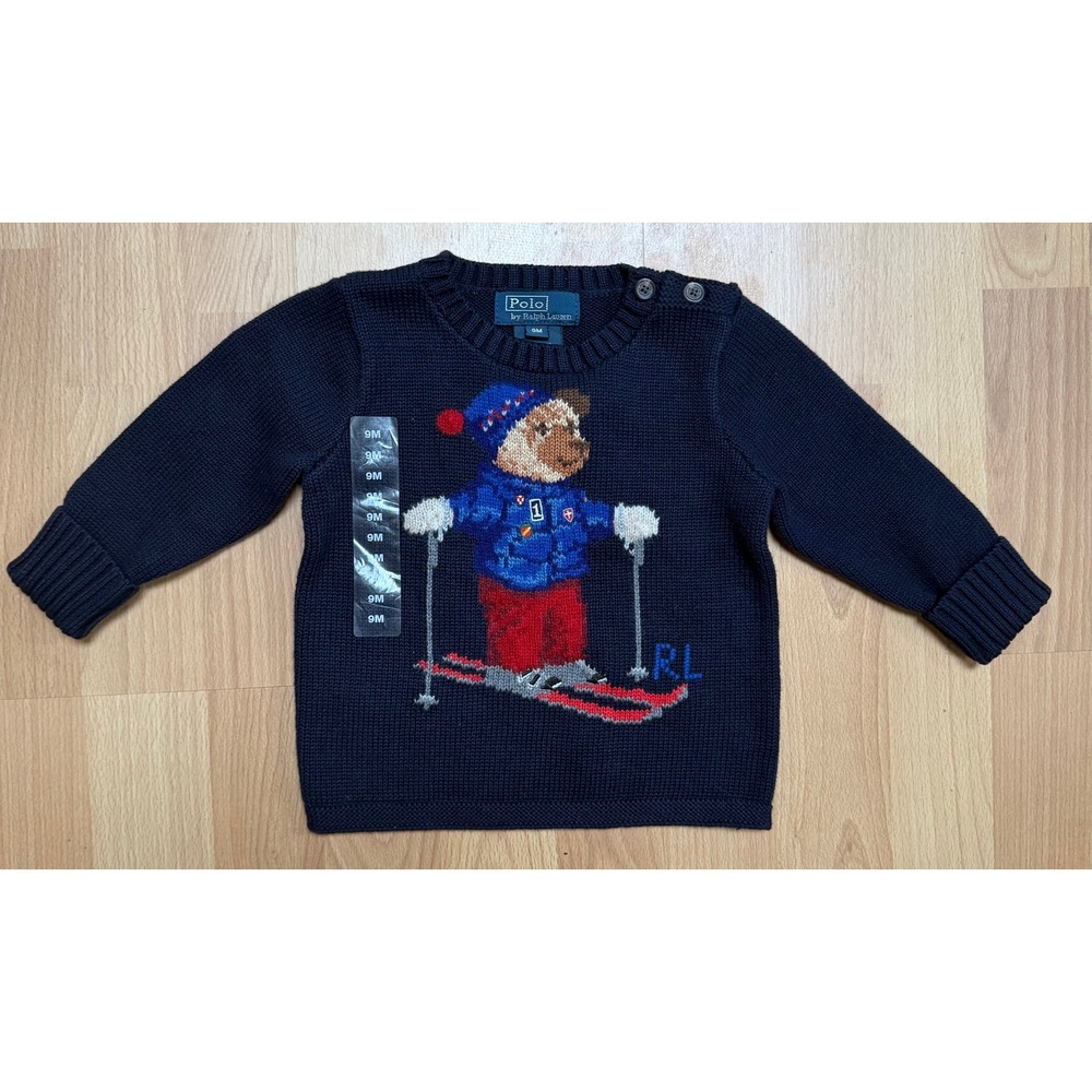 NWT Polo Ralph Lauren Baby Boy Ski Polo Bear Navy Knit Sweater 9M
